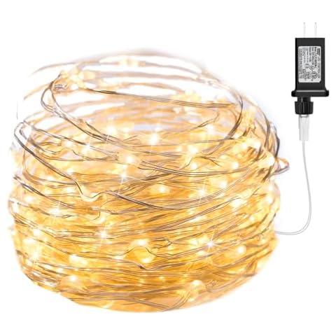 Minetom Fairy Lights Plug in, 33Ft 100 LEDs Waterproof Silver Wire Firefly Lights, Adaptor Included, Starry String Lights for Wedding Indoor Outdoor Christmas Patio Garden Decoration, Warm White Cover