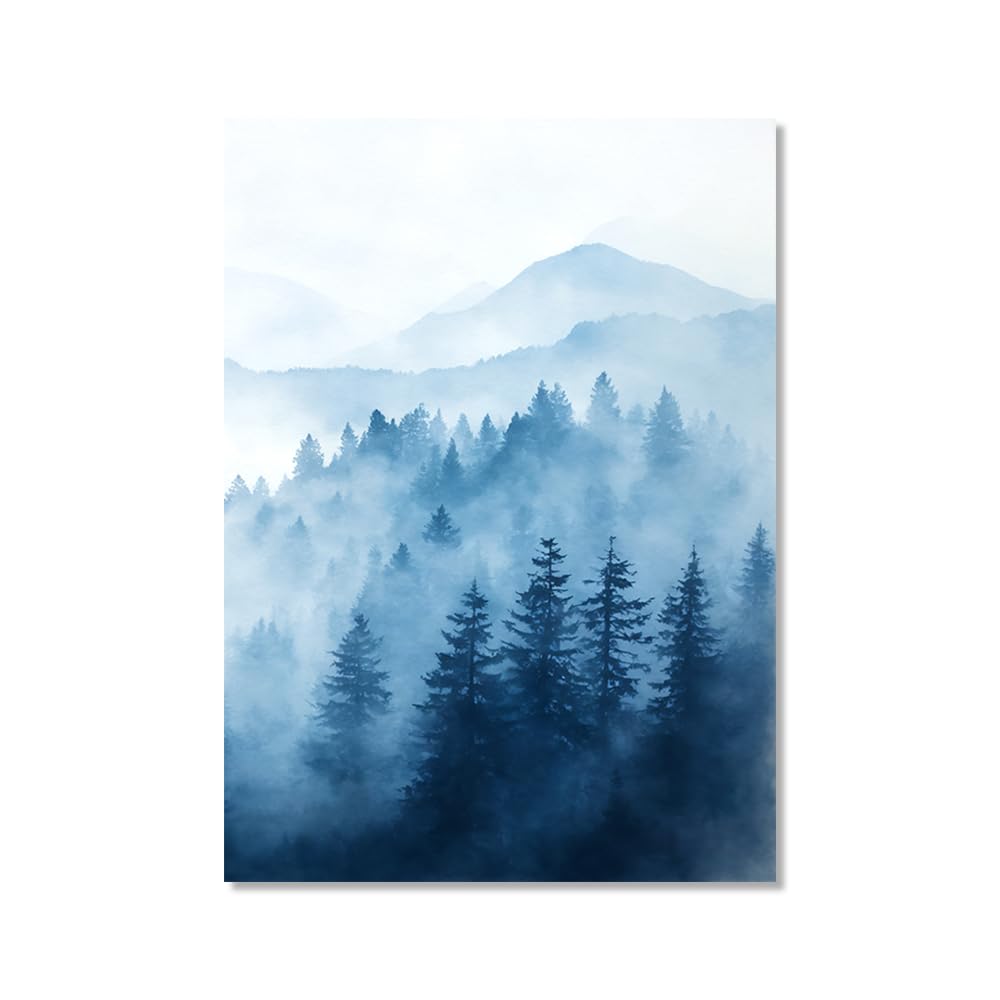 Modern Minimalist Wall Art Blue Abstract Landscape Ink Canvas Print Misty Mountains Poster Home Living Room Bedroom Decoration-Misty Forest Wall Art,Foggy Mountain Pictures Wall Decor,Scenery Poster