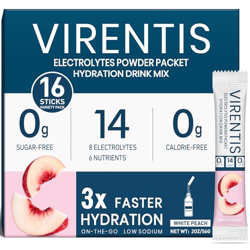 VIRENTIS 16 Sticks Electrolytes Powder Packets Sugar Free Hydration Packets,