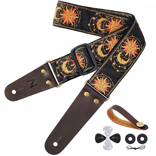 Nefelibata Sangle de guitare brodée soleil et lune avec extrémités en cuir de vache pour basse, guitare électrique et acoustique, bouton de sangle, 1 paire...