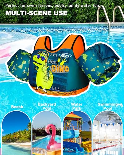Image of AEOCOO Puddle Float Jumper 20-30 Pounds, Toddler Swim Vest for 1-2-3 Years Old, Pool Floats with Swimming Arm Floaties Swim Jacket with Water Wings for Kids Swimmies, Boys, Girls, Ninos, Cool-Dino