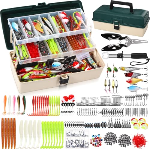 RoundFunny 517 peças de caixa grande de 3 camadas com kit de iscas de pesca incluído alicate, garra
