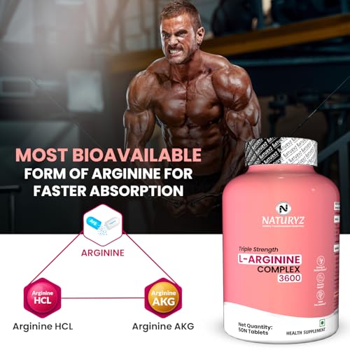 Image of NATURYZ Triple Strength 3600mg L-Arginine Complex | Bioactive form Arginine AKG & HCL for better absorption | Improves Pump & Performance | Ideal Pre-workout Supplement for Men & Women - 50 tablets