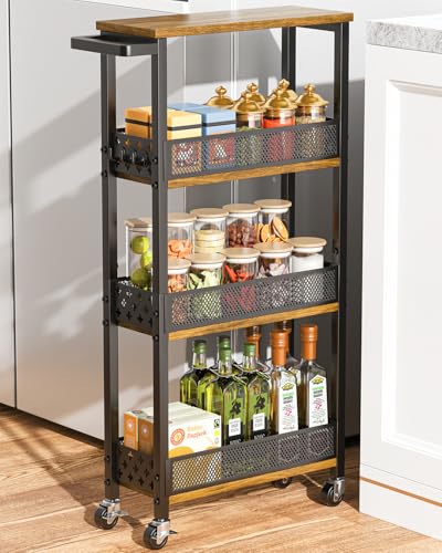 Giwil 4-Tier Slim Rolling Storage Cart for Kitchen Bathroom Organizer, Mobile Narrow Storage Cabinet Utility Cart with Wood Rack on Wheels for Pantry Laundry Small Space
