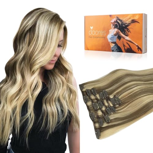 Image of DOORES Human Hair Extensions, Medium Brown Highlighted Golden Blonde 80g 7pcs 12 Inch, Clip in Hair Extensions Real Human Hair Extensions Human Hair Natural Straight Hair