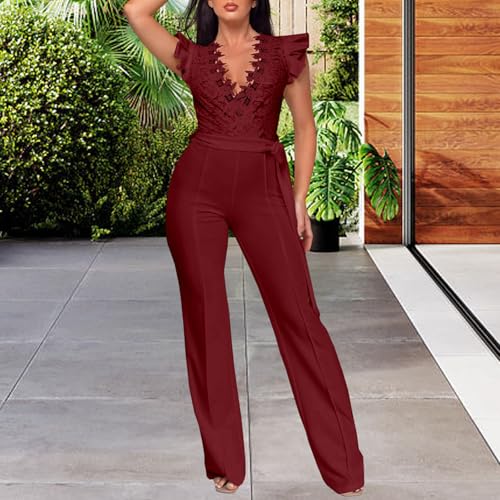 Image of PaladMom Womens Elegant Plus Size Jumpsuits Sexy Back zipper Short Sleeve Mid Waist Wide Leg Straight Rompers