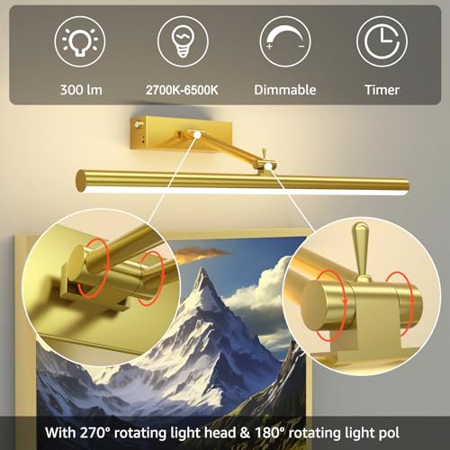 Image of Mocalido 2 Pack Gold Picture Light Battery Operated for Wall 16in, 6 Colors Wireless LED Art Light for Painting with Remote, 5200mAh Dimmable Frame Lights for Gallery Library