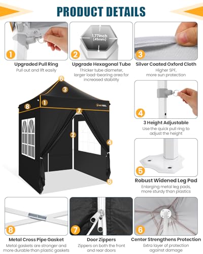 Image of HOTEEL 6.6x6.6 Heavy Duty Pop Up Canopy Tent for Parties Event Wedding Commercial Instant Canopy with Carry Bag, Party Tent Waterproof UV 50+, Upgraded Thick Hexagonal Legs,Black
