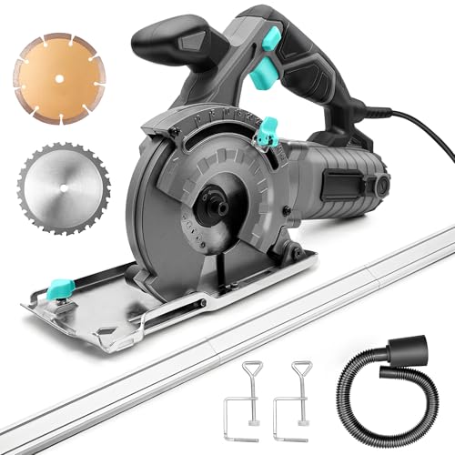 BlueMars Plunge Saw Circular Saw 1000W 5300RPM Table Track Saw with 125mm 24T TCT Blade & Diamond Blade 3X 40cm Tracks Guide Rail Scale Ruler Cutting Depth 42mm for Wood Tile Plastic & Metal