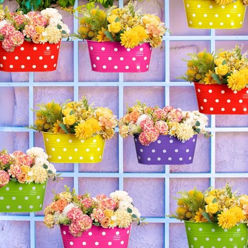 Image of 12 INCH Anti Rust Railing Oval Planter for Balcony & Garden with Detachable Handle | Hanging Flowerpot Holder | Metal Wall Planter for Indoor and Outdoor Decor (Multicolour Polka Dot, 5)