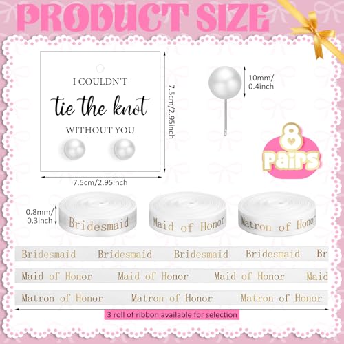 Highergo 8 Sets Bridesmaid Pearl Earrings Bridesmaid Proposal Gifts I Couldn't Tie the Knot Without You Jewelry Gifts Pearl Earrings for Wedding2