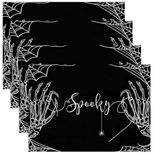 Image of HINGTAI 4Pcs Halloween Skeleton Spooky Spider Black Placemats Set of 4, Suitable for Parties, Kitchen, Table Decor