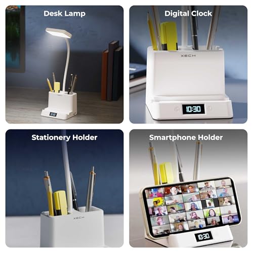 Buy Xech 4-in-1 Study Lamp with Digital Clock, Pen Stand & Phone Holder | Rechargeable Lamp with 3 Colour Tones & Touch Dimming, Portable Office and Study Lamp (Desky Lite Digital) Online at Low Prices in India - Amazon.in - Image 3