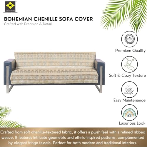 Image of Elegant Woven Beige Sofa Cover - Soft Chenille Traditional Pattern with Lace Style | L-Shape Sectional Seat Protector for Living Room | Durable & Stylish Slipcover 3 Seater Sofa Cover