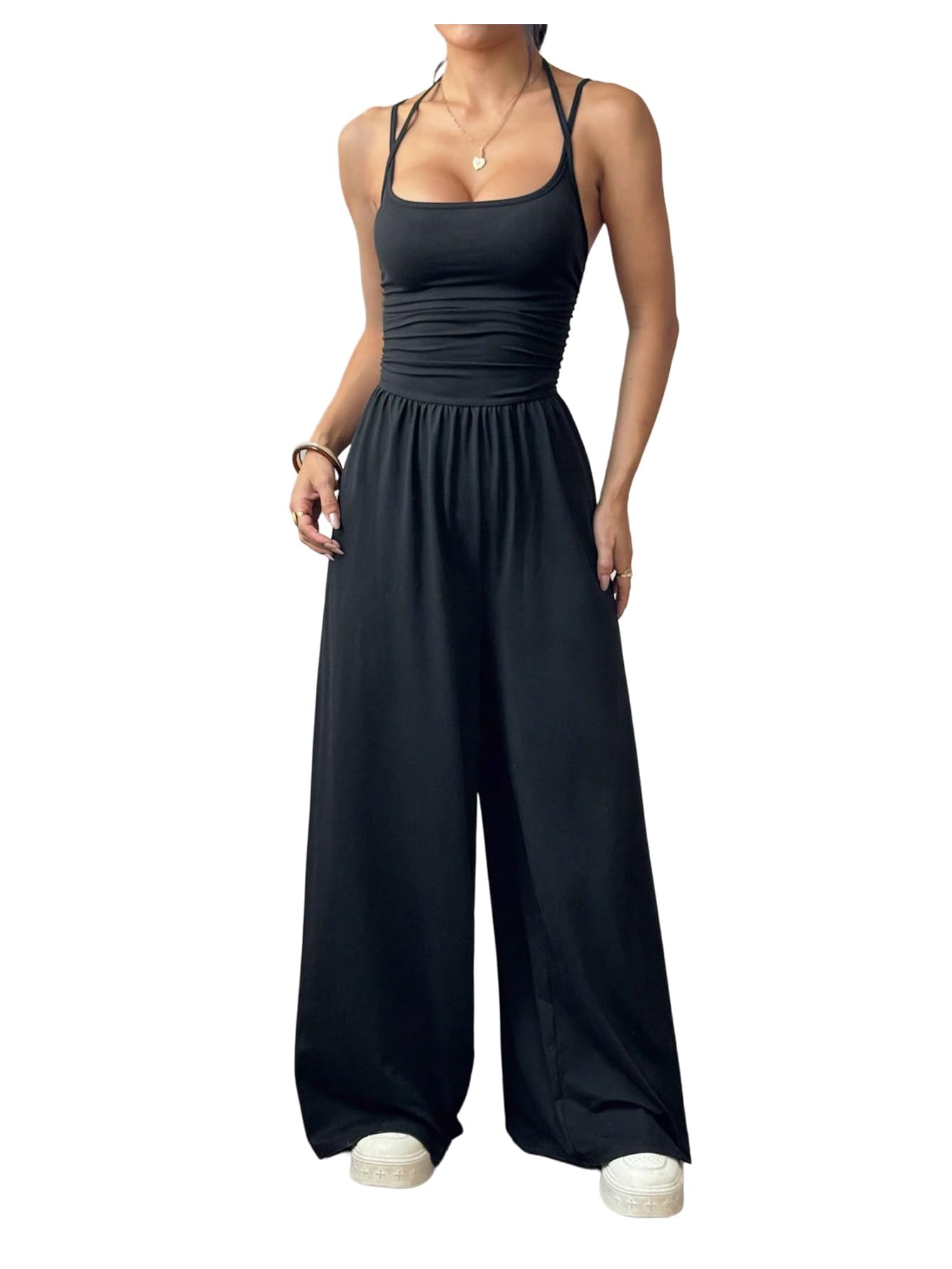 Floerns Women's Summer Jumpsuit Spaghetti Strap One Piece Outfit Wide Leg Baggy Pants Romper