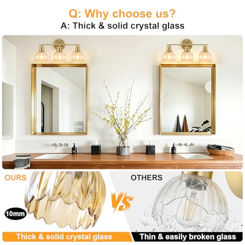Image of Bathroom Light Fixtures, 3-Light Brushed Gold Vanity Lights for Bathroom with Amber Tulip Glass Shade, 20 inch Vintage Bathroom Vanity Lighting Fixtures Over Mirror for Bedroom Living Room Hallway