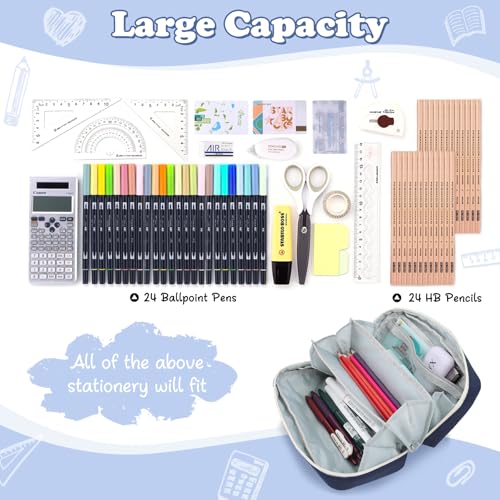 Image of Pencil Case for Teens Adults Boys, Large Capacity Pencil Pouch for Office College School, Multifunctional Portable Organizer for Cosmetics Stationery Supplies (Navy Blue)