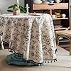 F CHU Floral Round Tablecloth 60 Inch Cotton Linen Table Cloth with Tassels for Restaurant Picnic Indoor and Table Cover Home Decoration FloralBlack White