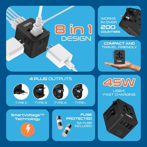 Image of Ceptics 8 in 1 Universal Travel Adapter for EU, UK, US, AU and More, World Travel Adapter, 2X US Socket, Universal Socket, 3X USB-C and 2X USB-A, 45W Fast Charge - UP-45KU-BL