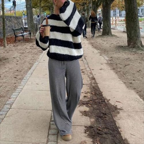 Striped Wide Leg Pants for Women - Casual Loose Fit High-Waisted Drawstring Pajama Pants - Straight Trousers4