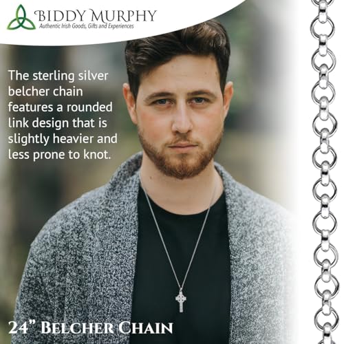 Biddy Murphy 925 Sterling Silver Celtic Cross Pendant Necklace for Men, Irish Trinity Knot, 24" Belcher Chain, Hand Crafted, Imported from Ireland4