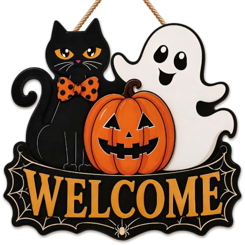 Image of Halloween Party Decorations - Halloween Welcome Wreaths Sign for Front Door | Wooden Black Cat Ghost Pumpkin Hanging Decor for Porch Wall Door- Halloween Garland Porch Decor for Party Favors Supplies