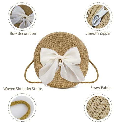 Women Straw Crossbody Bag, Cute Summer Beach Bags with Pearl Bow, Round Woven Purse Straw Shoulder Bag for Travel3