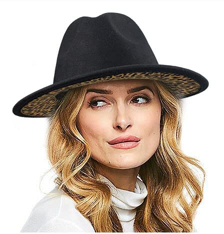 Leopard Fedora-Hat For Women Classic Two Tone Wide-Brim Panama Hat (Black Leopard, 56-58Cm/22-22.8") #TOP4