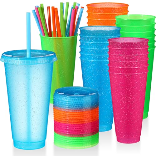 Dandat 24 bicchieri in plastica fluorescente, riutilizzabili, con coperchio, cannucce colorate, per bambini, adulti, compleanni, addio al celibato, feste, bicchieri da caffè ghiacciati, regalo fai da