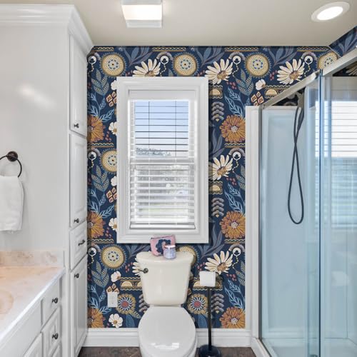 Blue Boho Peel and Stick Wallpaper Vintage Floral Retro Botanical Removable Self Adhesive Waterproof Contact Paper 17.7"x118" for Bathroom Bedroom Cabinets and Drawers Wall Decor