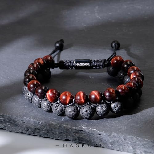 HASKARE Energy Beads Tiger Eye Bracelet for Men, Red Tiger Eye Beads Lava Stone Bracelets, Handmade Protection Crystal Bracelet Mens Jewelry Bracelets Father Christmas Gift for Stress Relief 8mm3