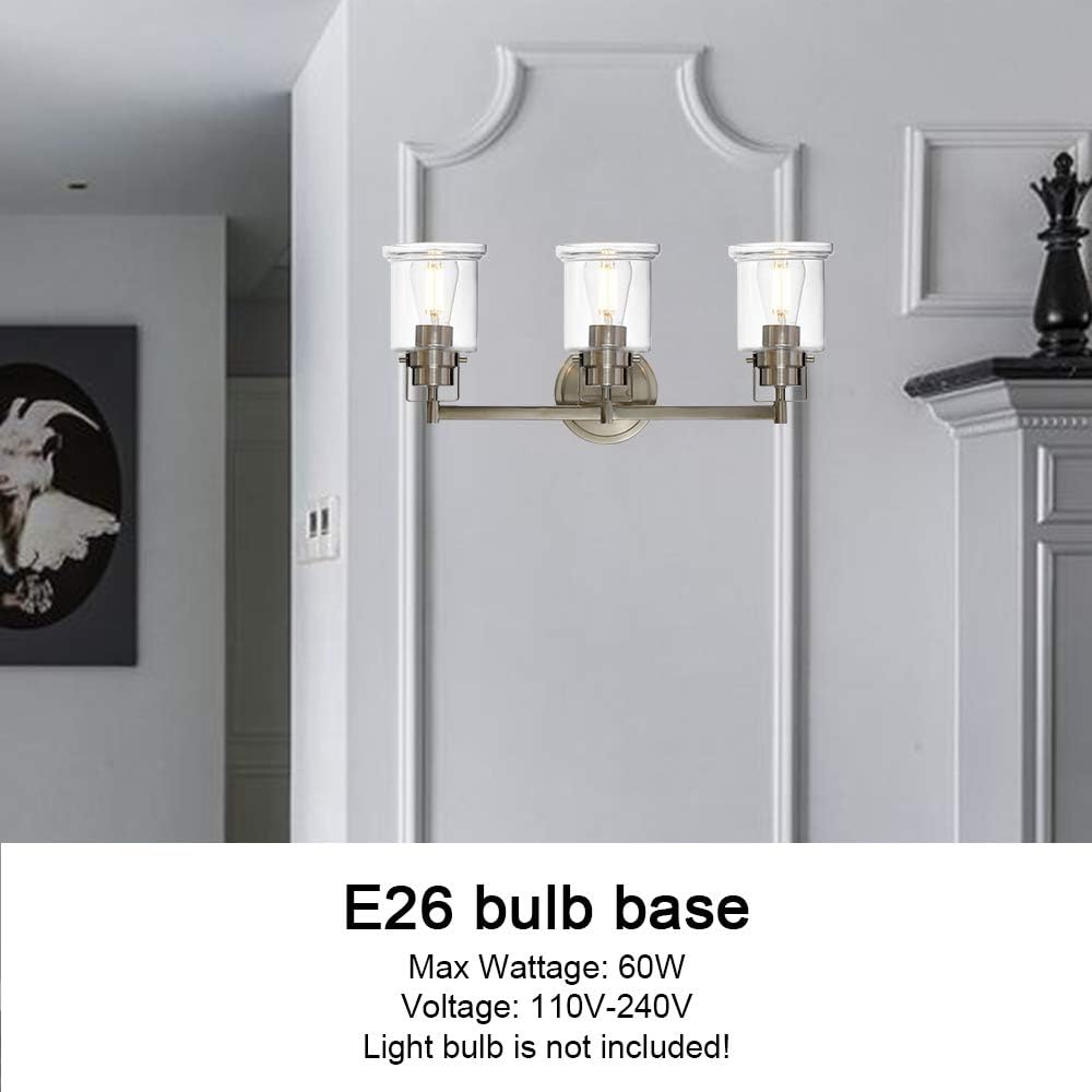 Exсluѕіvе Sресіаl VINLUZ Industrial 3-Lights Vanity Light Fixtures with Clear Glass Shade Brushed Nickel Metal Framhouse Modern Bathroom Lighting Over Mirror, Wall Sconces for Hallway Living Room Bedroom