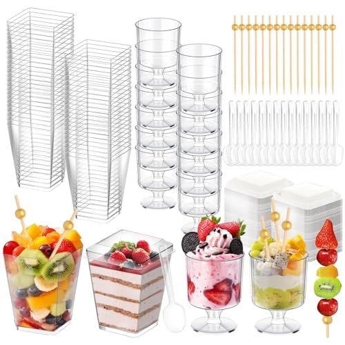 Fracurs 430 Pack Clear Dessert Cups Set with Spoons & Cocktail Picks, 5OZ Round Shooters Cups For Party, Mini Plastic Parfait Cups with Lids for Ice Cream Cake Pudding Fruit Yogurt Jello Appetizer Cup