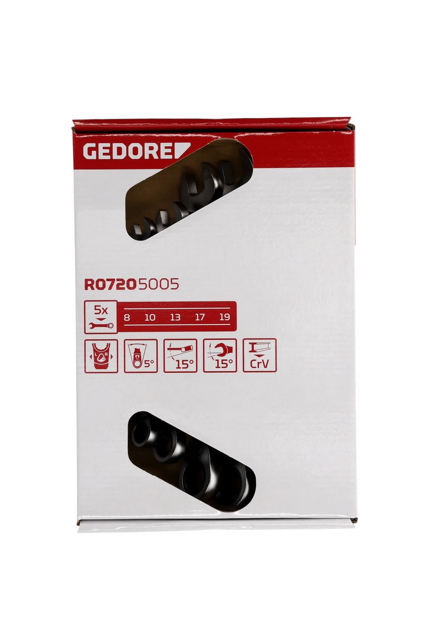 GEDORE Red Chiave Combinata a Cricchetto, Set di 5 Pezzi, Reversibile, 8-19 mm, Inclinata, Chiave a Cricchetto Combinata, R07205005