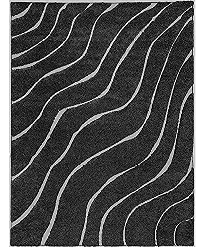 Image of Textured Wave Shaggy Rectangular Carpet For Living Room,Bedroom,High Low Design Finish Microfiber 1.8 Inch Pile High,5X8 Feet Black Ivory Color