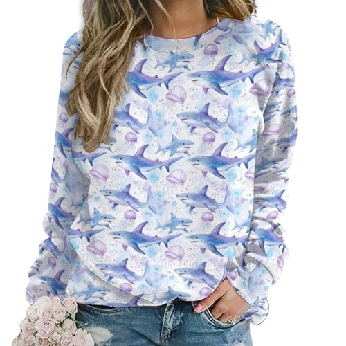 Sweat graphique femmes col rond imprimé méduse requin confortable