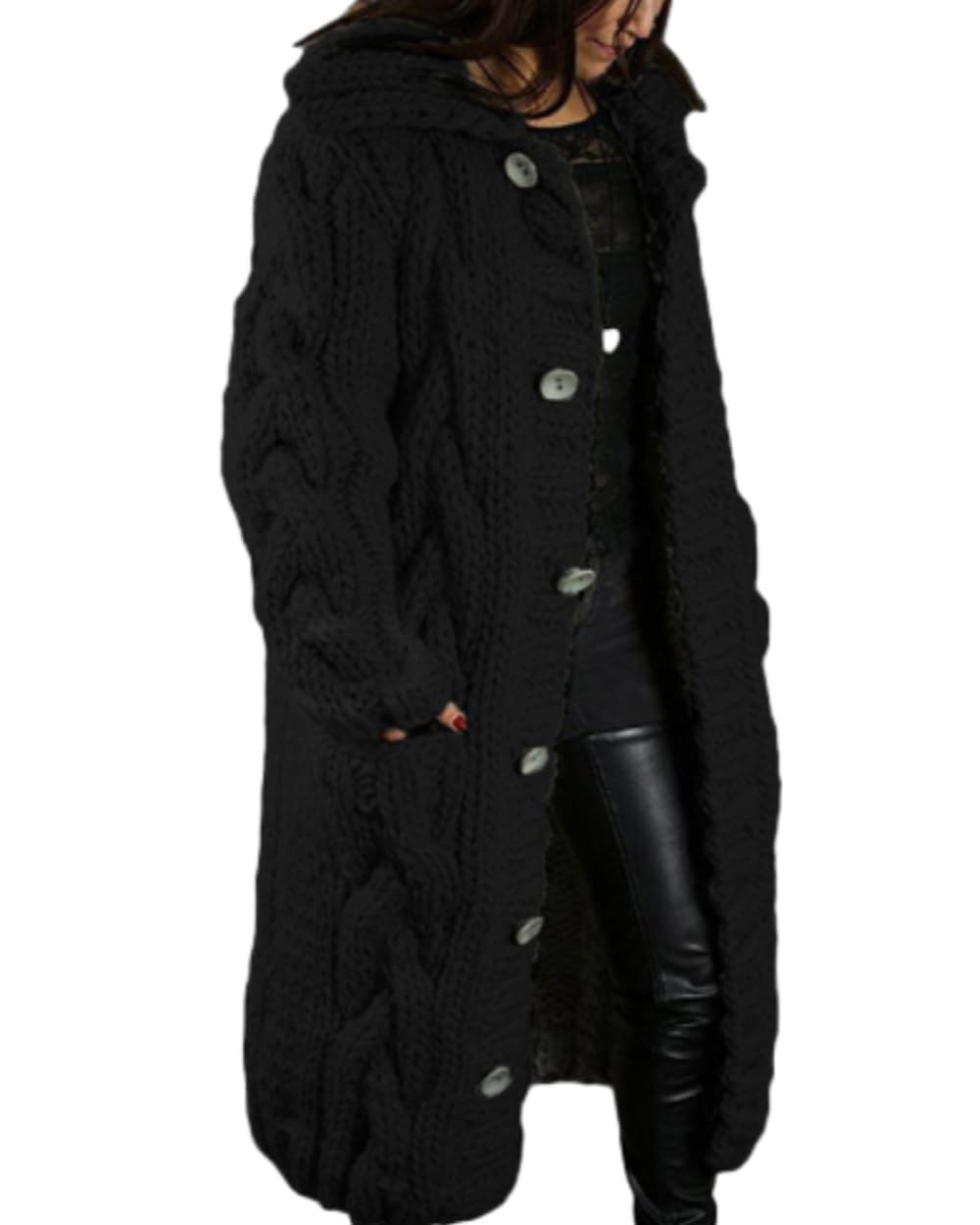 OSCORP Womens Pink Chunky Cable Knit Duster Coat Maxi Hooded Long Cardigan Sweater Oversized Open Front with Pockets