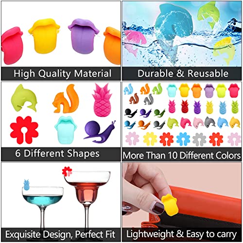 Glasmarker Silikon 36 Stück Wein Trinken Marker Glasmarkierer Bunte Glas Markierung Trinkgläser Wiederverwendbarer Glas Kennzeichnung Teebeutel Halter für Party Weinglas, Trinkglas (6 Formen)