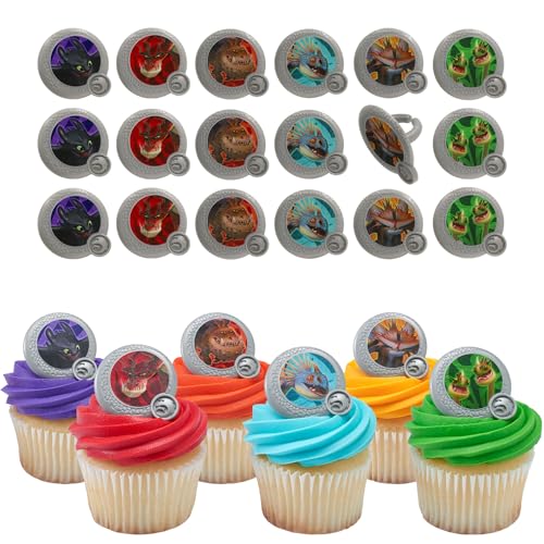 How To Train Your Dragon Rings 24 Cupcake Toppers Bright Colorful Dragon Shield Cupcake Decorations Food Safe - 24 Pack