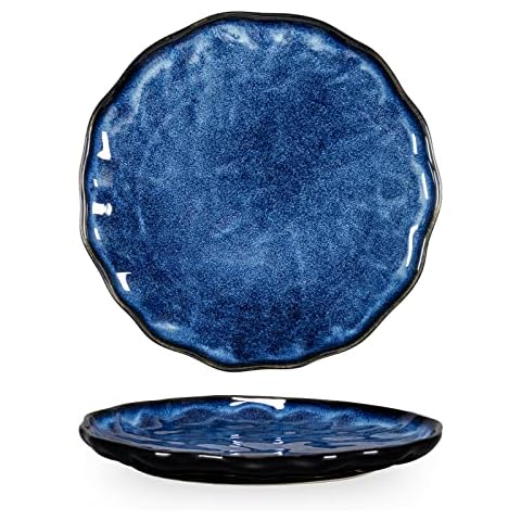 Ceramic Dinner Plates 10.4 in / 26.5cm, Large Dessert, Salad Dishes, Set of 4 Retro Stoneware Dinnerware Set, Tableware Microwave & Oven, Dishwasher Safe, Reactive Glaze Blue Cover