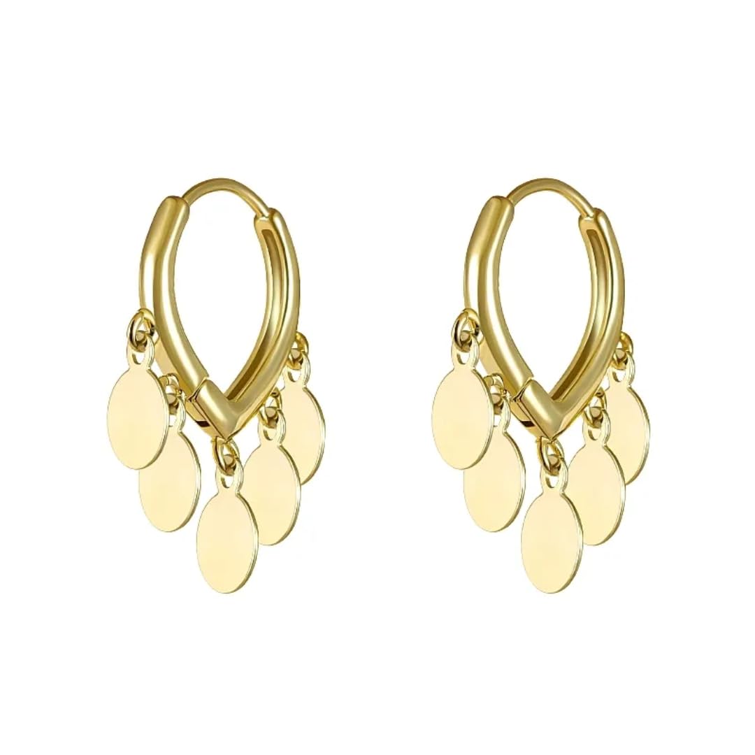 Fashion® Gold Plated Dangle Hoop Earrings with Disc Charms, Small Round Coin Drop Design-image-32
