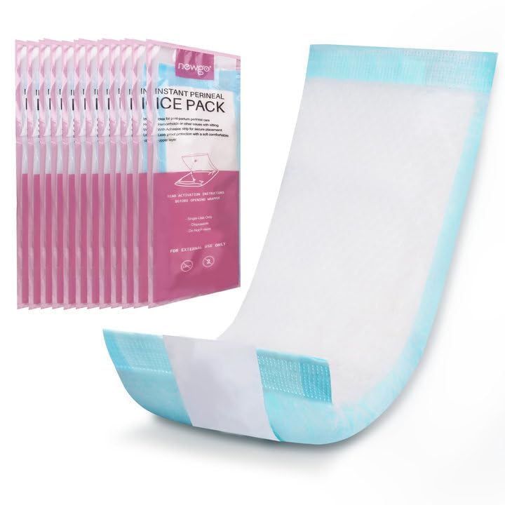 NEWGO Disposable Instant Perineal Cold Packs for Postpartum, 12 Pcs, 13.7" x 4.5", Postpartum Essentials Absorbent Pad, Pain Relief for Women After Delivery & Vaginal Discomfort