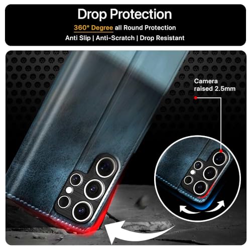 Image of FLIPPED Vegan Leather Flip Case Back Cover for Samsung Galaxy S25 Ultra 5G (Flexible, Shock Proof | Hand Stitched Leather Finish | Card Pockets Wallet & Stand | Blue with Aquamarine)
