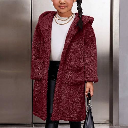 Girls Fuzzy Pea Coats Fleece Faux Fur Long Hooded Jacket Open Front Windbreaker Overcoat with Pockets 3-12 Years3