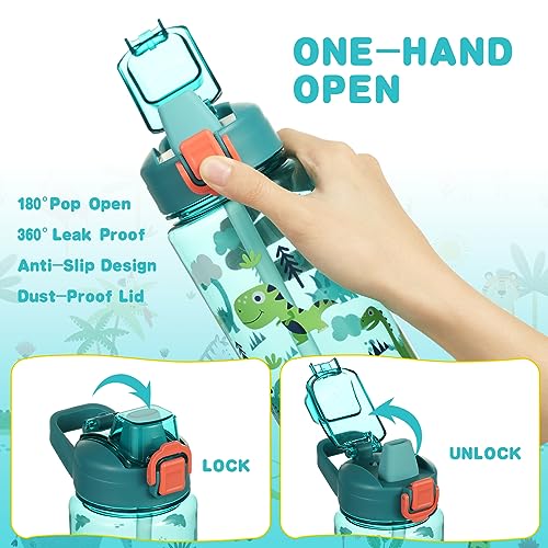 Miniatura 3 de Flintronic Botella De Agua Niños Y Niñas, Niños Botellas Agua, Botella De Agua Pajita Para Infantil, Sin Bpa, Sin Fugas, Reutilizable, 600ml, Plástico -Dinosaurio Azul