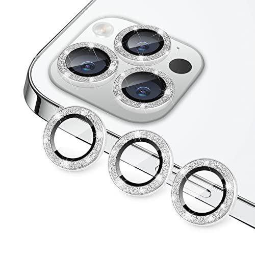 Hsefo Compatible with iPhone 12 Pro Max Camera Lens Protector Bling Glitter 9H Tempered Glass Camera Cover Anti Scratch Shockproof Screen Protector Individual Ring - 3Pcs Glitter Silver