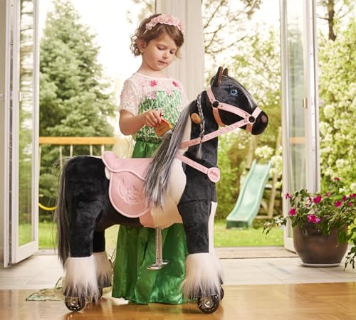 Ponnie Reitpferd mit Rollen Domino S (3-6 Jahre), Spielpferd zum Reiten mit Abnehmbarer Rosa Sattel und Halfter mit Zaumzeugund Kämmbare Mähne und Schwanz, Plüschpferd zum Reiten für Kinder