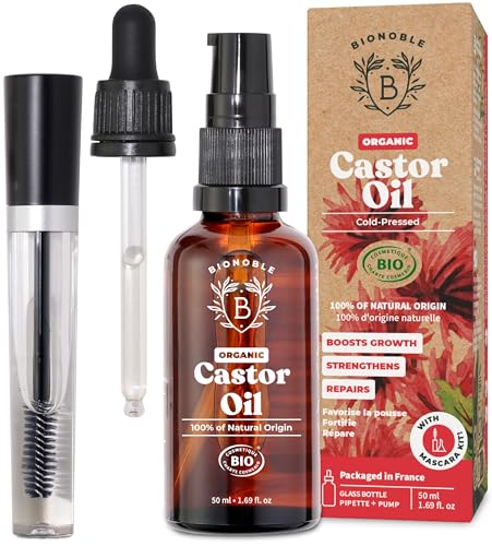 BIONOBLE Organic Castor Oil Cold Pressed + Mascara Kit - Hexane Free 100% Natural - Pure Castor Oil Organic for Eyelashes Hair Growth Eyebrows Skin Face - Glass Bottle Pipette and Pump - 50ml