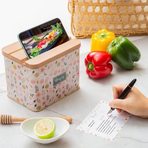 Cabbrix Recipe Box With Cards And Dividers, Recipe Cards And Box Set, Wooden Lid With Phone Holder And Card Holder, Decorative Recipe Tin With Gift Box (Pink) #TOP3