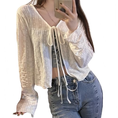 Cardigan Mujer Gant,Bolero Shrugs para Mujer Cárdigan De Gasa con Encaje Frente Abierto Lazo Frontal Elegante Chaqueta Corta De Manga Larga Crochet Transparente para Playa para Vestido De Noche BOD